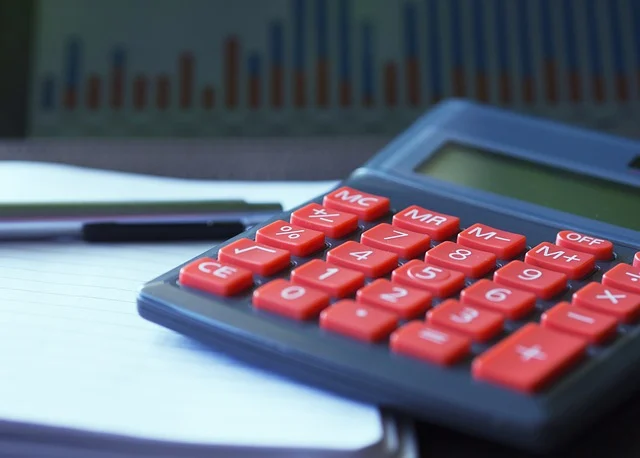 A calculator, pen, and paper with a bar graph in the background.