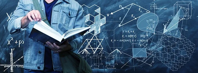 A student with a book and mathematical formulas and graphs on a blackboard.