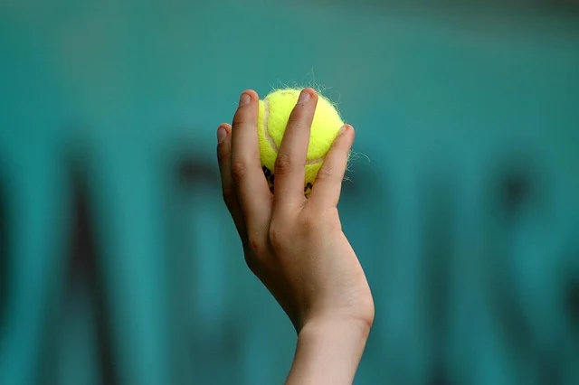 A hand holding a tennis ball, ready to be thrown upward.