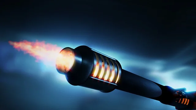 A rocket engine firing, showing propulsion and motion.
