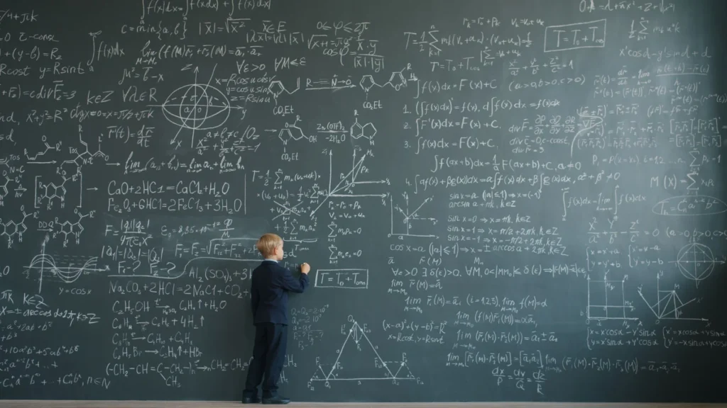 A young boy standing in front of a giant chalkboard with math formulas
