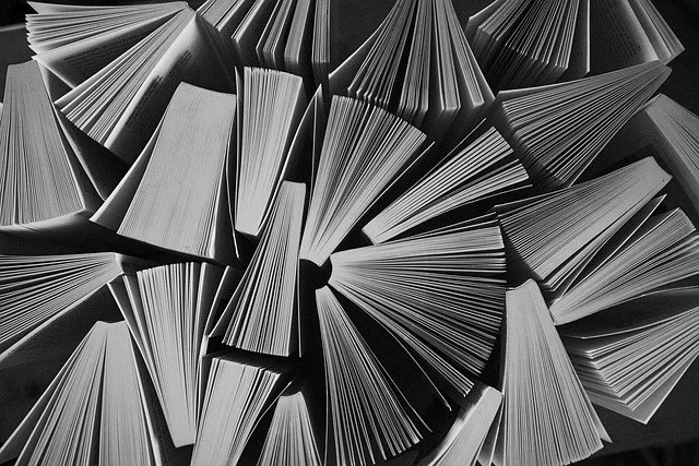 Many open books with pages fanned out, viewed from above.