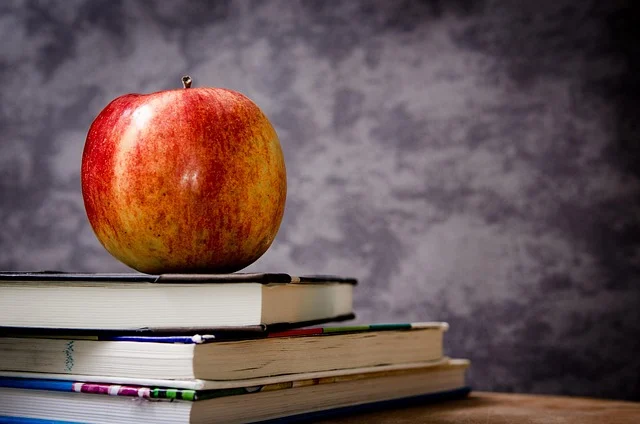 An apple on a stack of books, symbolizing education.