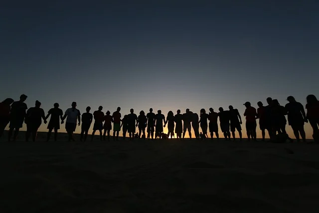 Silhouettes of people standing in a line against a sunset sky.