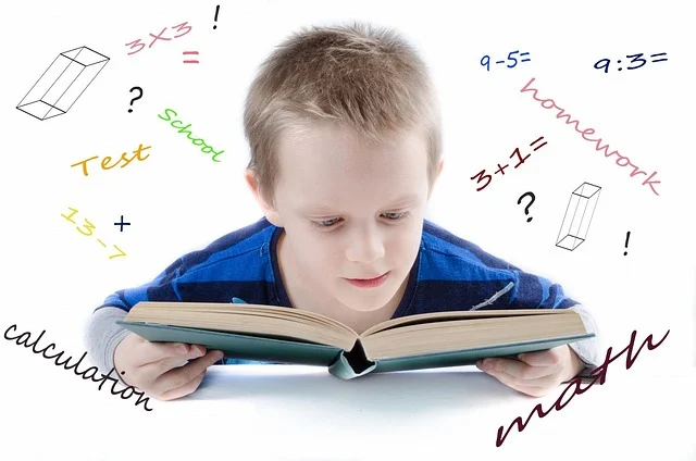 A child reading a book with math-related words and simple equations around him.
