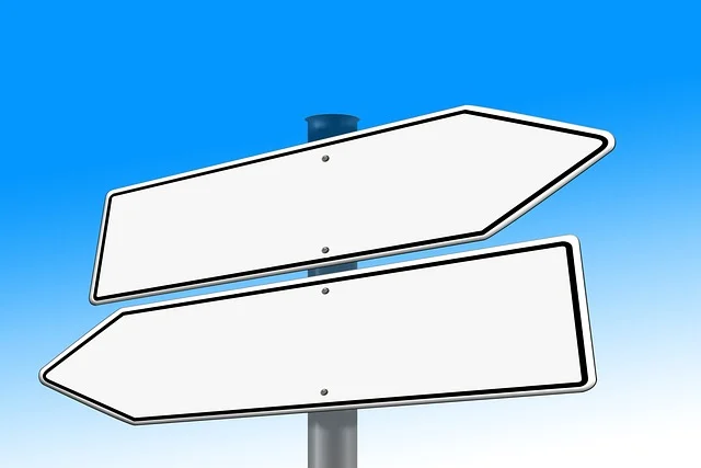 Two blank road signs pointing in opposite directions against a blue sky.