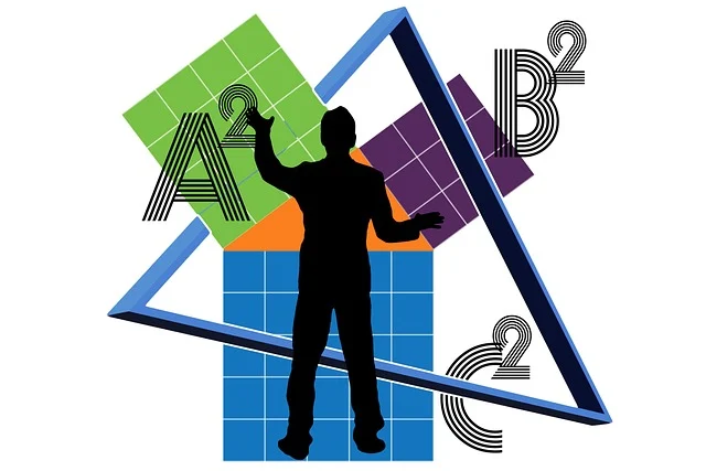 Law of cosines: A silhouette of a person with geometric shapes and letters A², B², C².