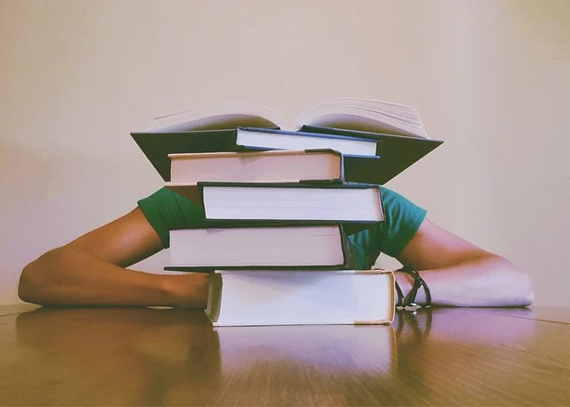 Calc 1: A student sitting behind a stack of textbooks on a desk